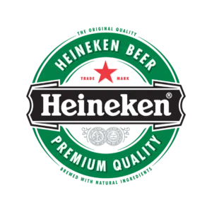 green round logo with black banner in center that reads "Heieneken" features a red star and the words "premium quality"