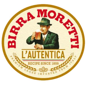 Logo with "Birra Moretti" in red with an illustration of an italian man in a green suit and hat drinking a pint of beer