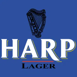 Blue Harp Lager logo with black and white text with the Brian Boru harp emplem in black