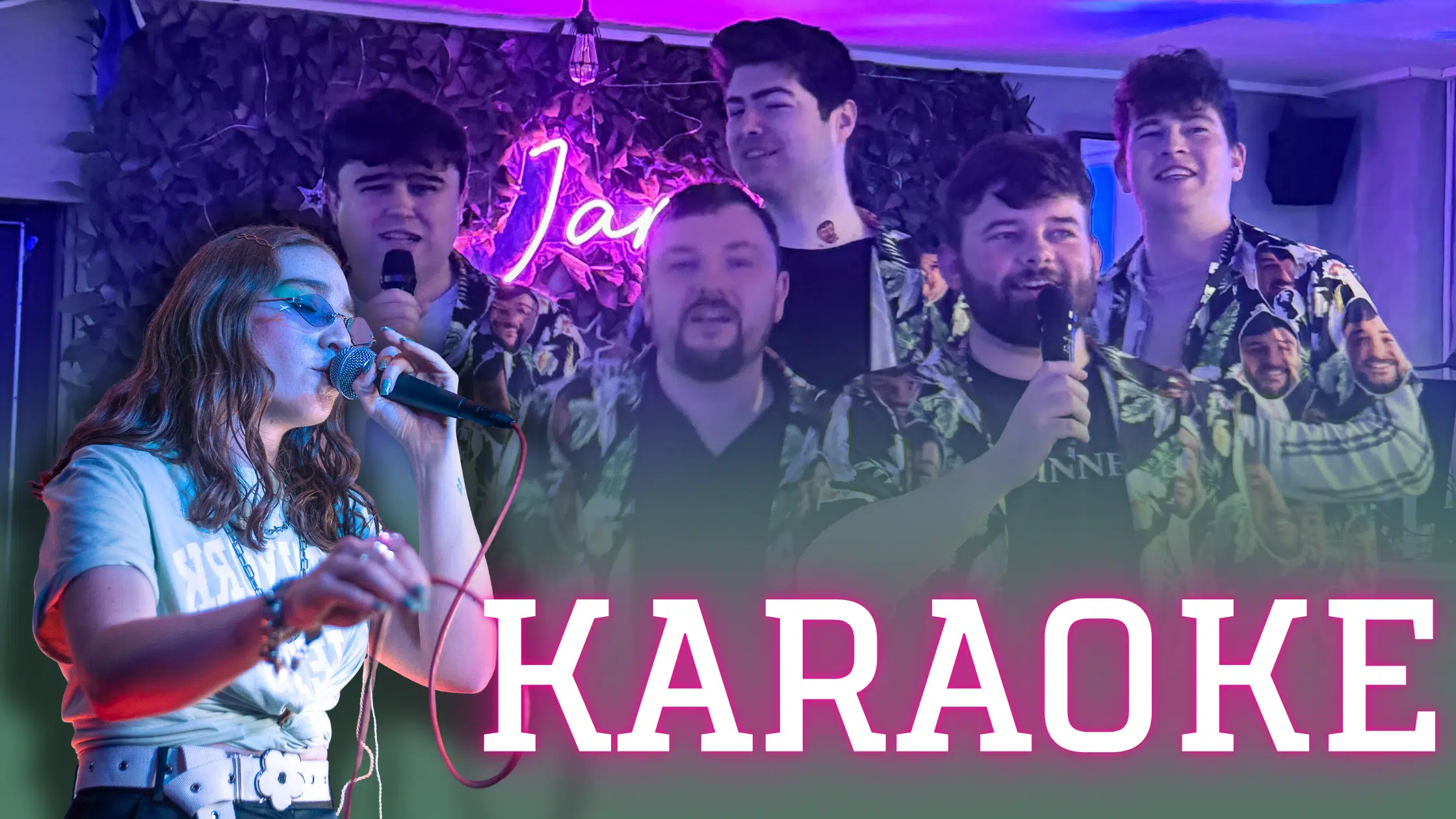 A woman singing into a microphone on stage, with a group of men behind her also holding microphones and smiling under purple lighting. The word 'KARAOKE' is boldly displayed in large white and pink letters at the bottom.